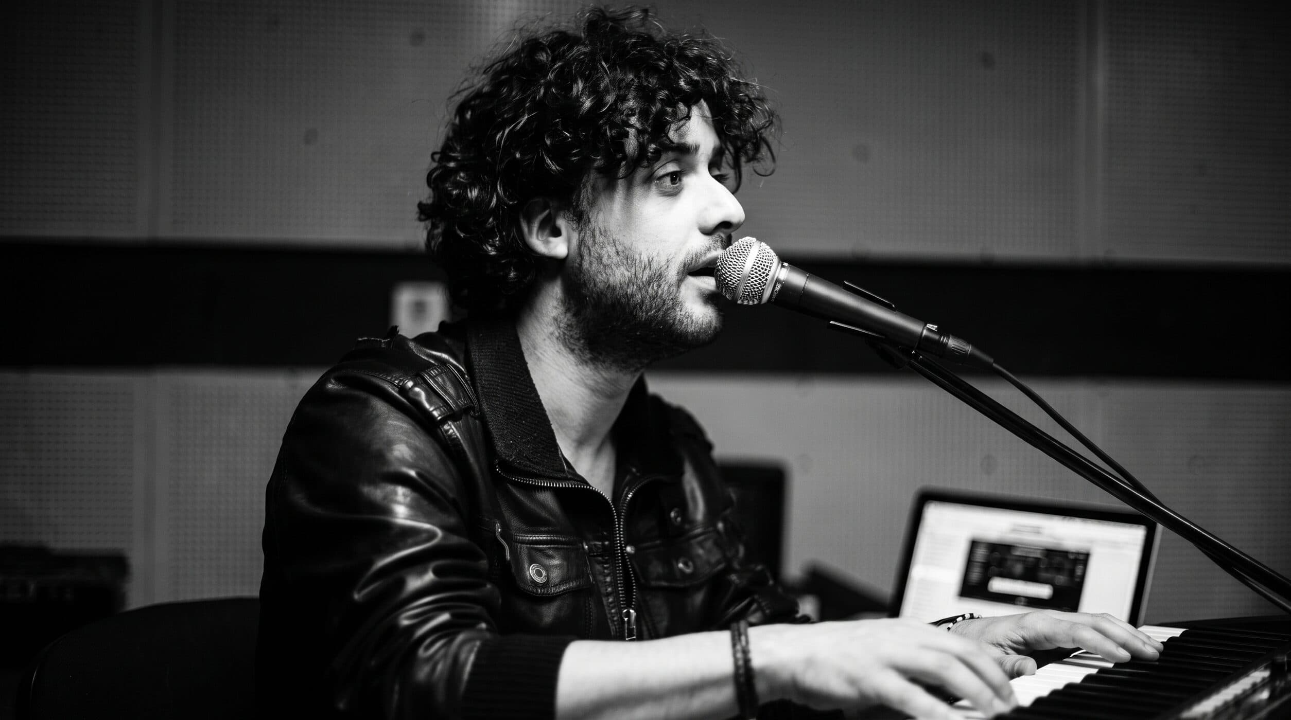Osman Meyredi at the microphone behind a keyboard, black and white